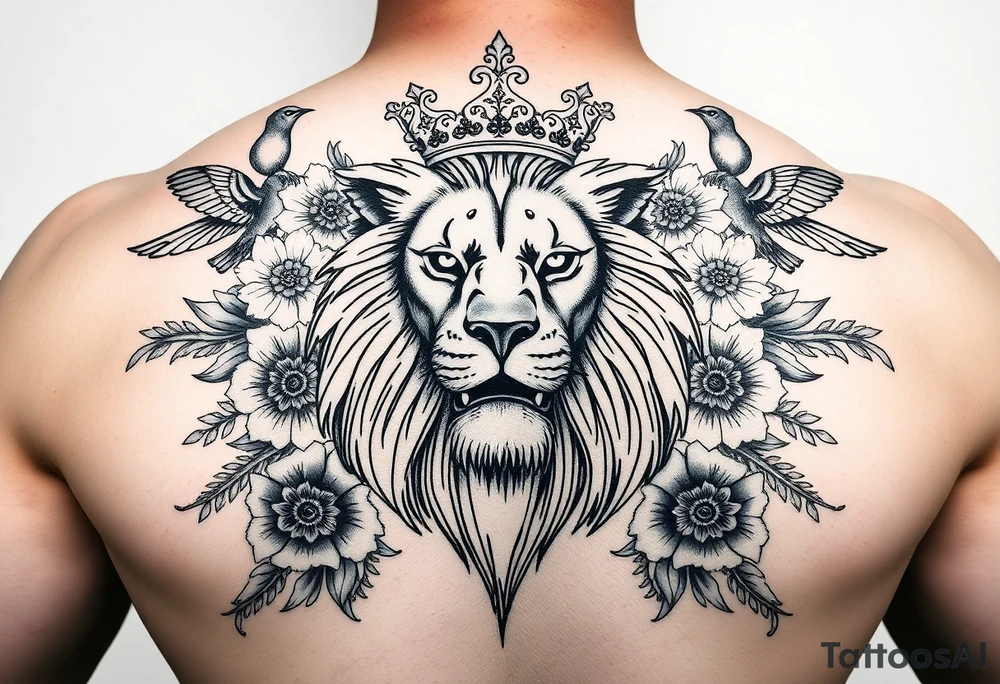 powerful majestic lion with a crown, surrounded by floral ornaments and birds tattoo idea