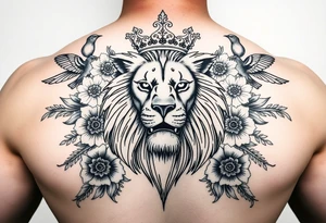 powerful majestic lion with a crown, surrounded by floral ornaments and birds tattoo idea