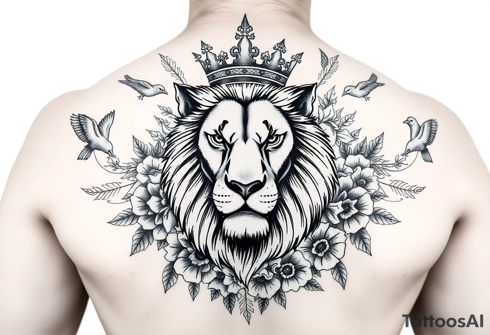 powerful majestic lion with a crown, surrounded by floral ornaments and birds tattoo idea