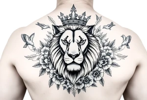powerful majestic lion with a crown, surrounded by floral ornaments and birds tattoo idea