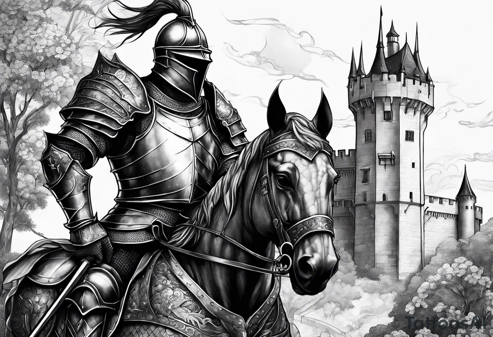 knight in armor full body with castle in background and dragon tattoo idea
