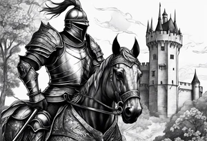 knight in armor full body with castle in background and dragon tattoo idea