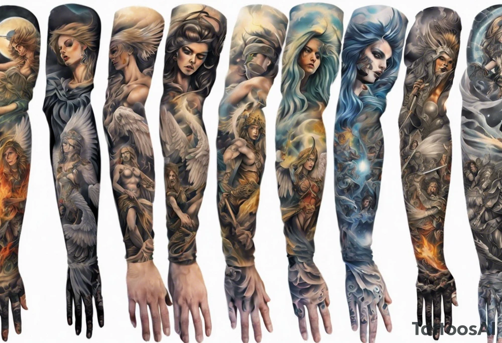Full arm sleeves with 3 warrior angels on it tattoo idea