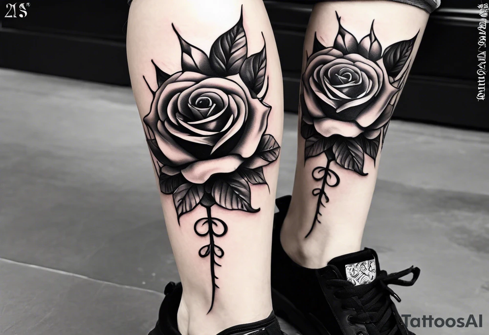 long vertical tattoo to cover my whole shin showing two roses with their stems intertwined, one stem should have thorns and one should be thornless I want a long stem to shower them intertwined tattoo idea