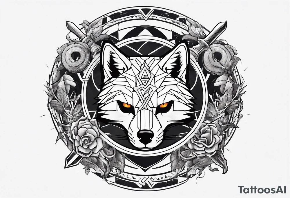 A Hammer and a thunder inside a circle. Beside the circle a skull, a Wolf and a snake tattoo idea