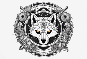 A Hammer and a thunder inside a circle. Beside the circle a skull, a Wolf and a snake tattoo idea