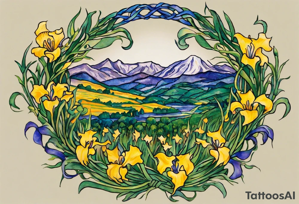 Create a small colorful Vincent van Gogh Irises tattoo in the form of a crescent, with vines or Celtic knots gracefully intertwining at a central point in the middle of the wreath.  In the middle of the wreath are mountains and other items found in New Mexico. Ensure that the design avoids the appearance of a bush and maintains a more structured and deliberate arrangement. The intended placement is on the upper chest. The overall design should be small in size while maintaining a delicate and artistic aesthetic. Pay attention to the graceful flow of the vines and the placement of the irises to achieve a refined and elegant look. tattoo idea
