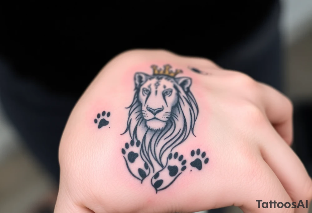 powerful goregous
 lioness with a crown, surrounded by cub prints tattoo idea