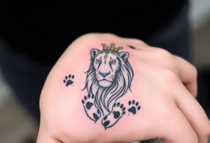 powerful goregous
 lioness with a crown, surrounded by cub prints tattoo idea