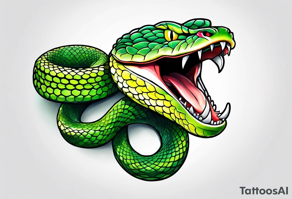 A green pit viper with mouth open showing fangs tattoo idea