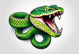 A green pit viper with mouth open showing fangs tattoo idea