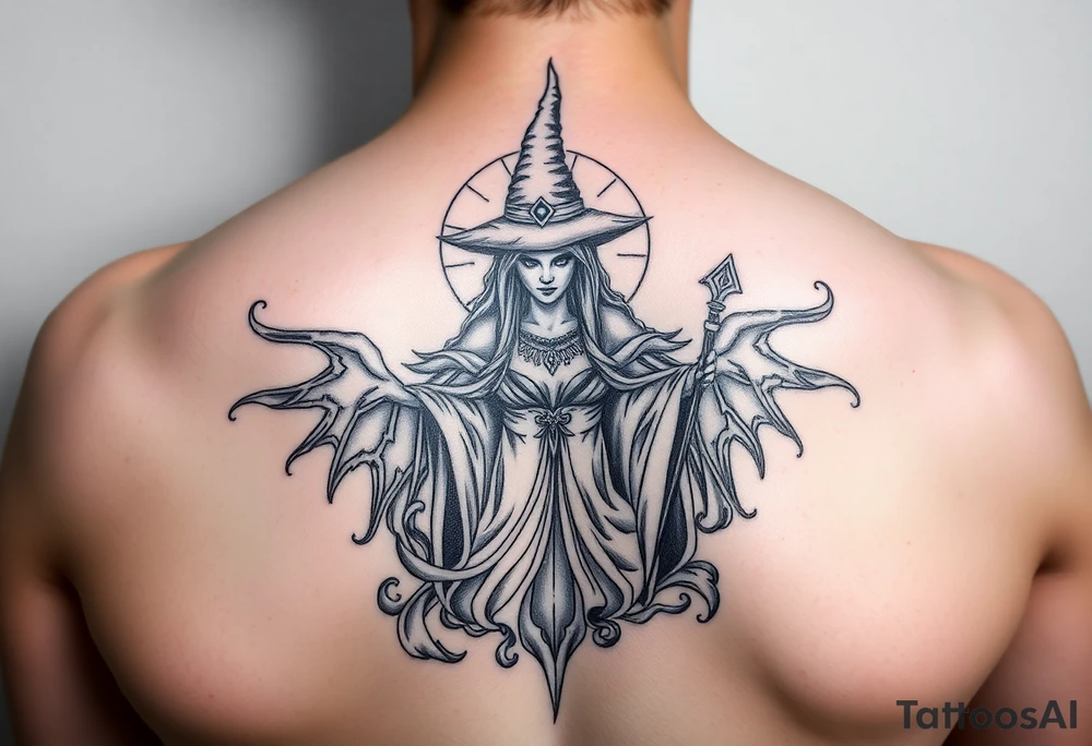 powerful wicca witch surrounded  with magic tattoo idea
