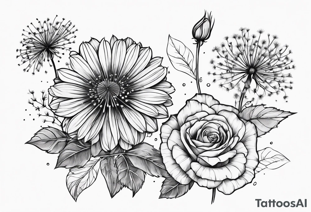 line floral 3 dandelions 1 rose tattoo idea