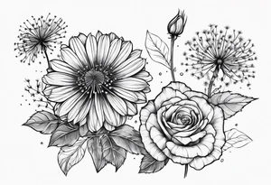 line floral 3 dandelions 1 rose tattoo idea