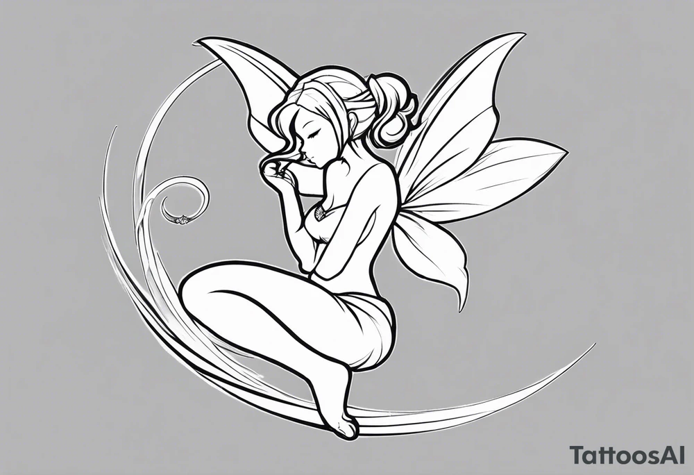 No color sketch of a fairy with a tail inspired by the guild symbol in the anime show called Fairy Tail in a fetal position leaning forward while crawled in hugging herself with hands a bit forward and her body is an angle while floating in the air tattoo idea