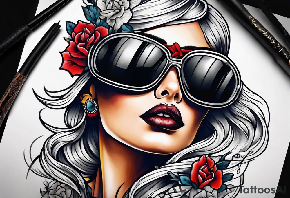 Bold Neo traditional blindfolded woman tattoo idea