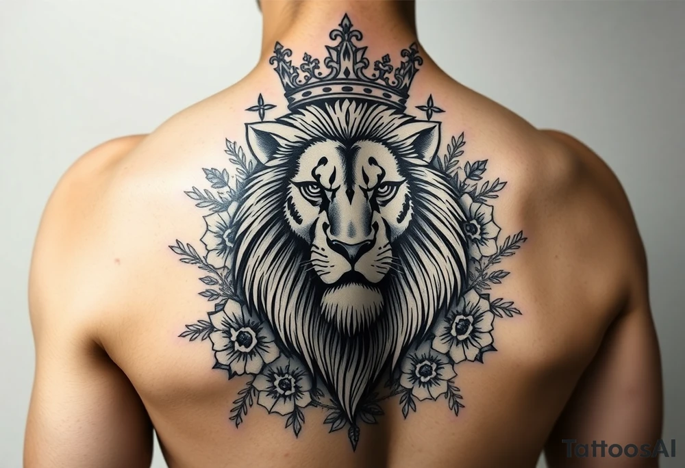 powerful majestic lion with a crown, surrounded by floral ornaments and birds tattoo idea