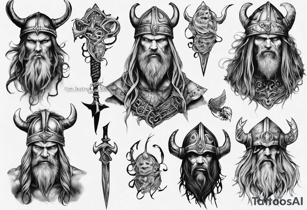 uma bruxa viking com corvos em preto e branco tattoo idea