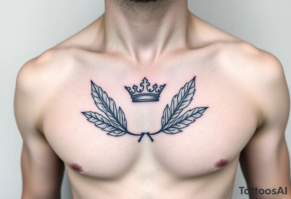 Chest tattoo, two bay leaf and crown between tattoo idea