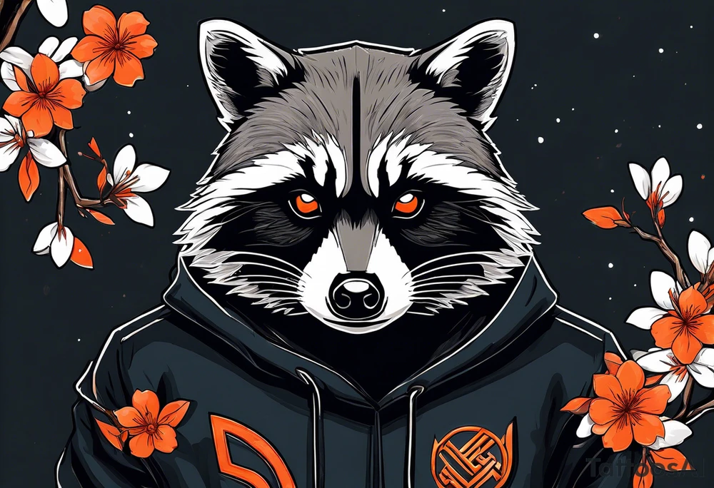 Raccoon wearing a white Superman logo on a black hoodie and orange Japanese cherry blossoms tattoo idea