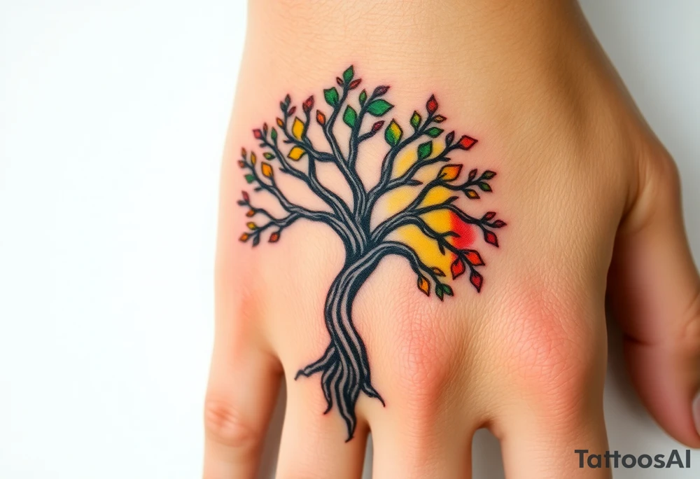 Vibrant tree of life Jamaican and Irish colours tattoo idea
