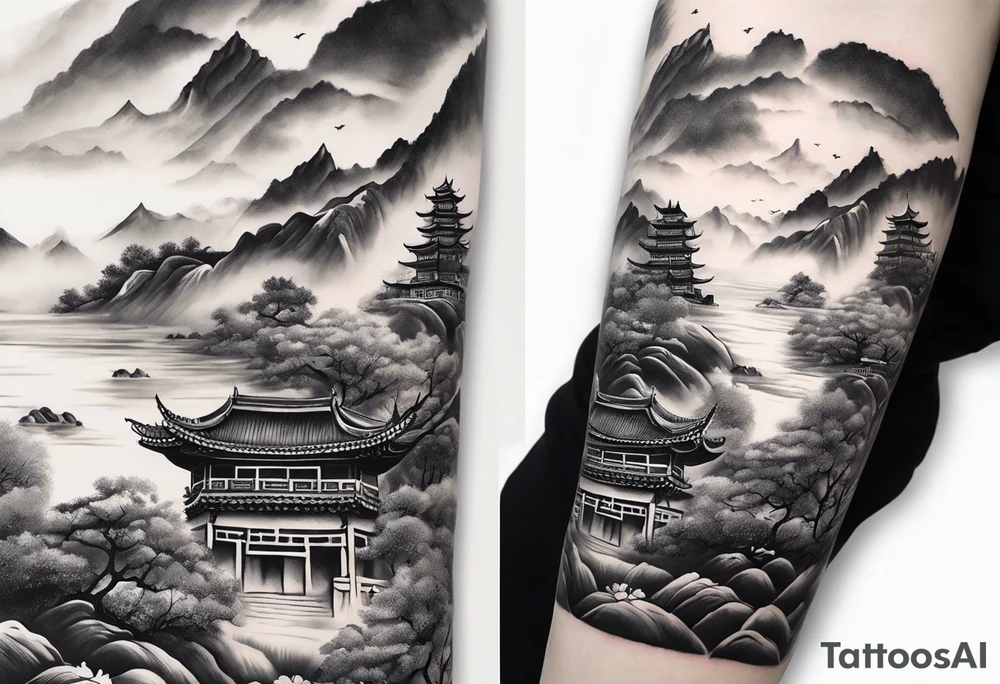 forearm sleeve traditional chinese art painting style autumn mountains mist fog water Chinese temple female with pony tail wearing robes meditating tattoo idea