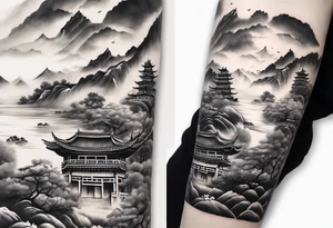 forearm sleeve traditional chinese art painting style autumn mountains mist fog water Chinese temple female with pony tail wearing robes meditating tattoo idea