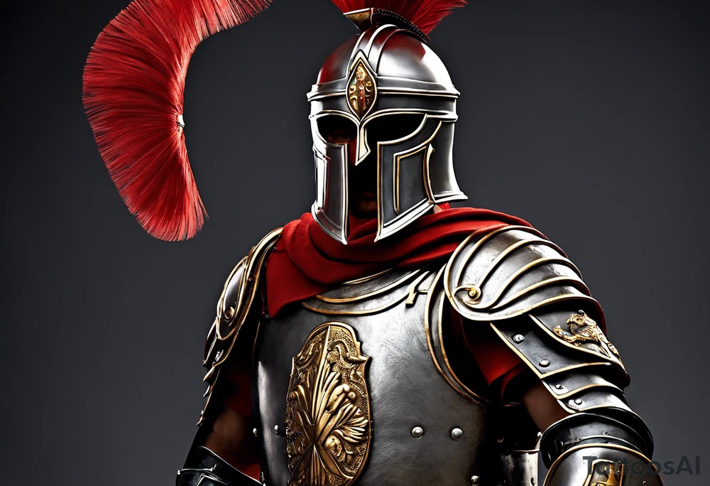 a high ranking roman centurion, soldier, AD 60, wearing armour which must include an armoured belt, breastplate, armoured shoes, shield, helmet and sword. the soldier is strong, tall, large, fit, muscular. the soldier is faceless. We can see the full body of the centurion, from his shoes to his helmet. The soldier is mid-battle, fending off flaming arrows with his shield, advancing towards the enemy, attacking the enemy. attacking pose. The image should be extremely detailed. Need to see the full soldier. tattoo idea