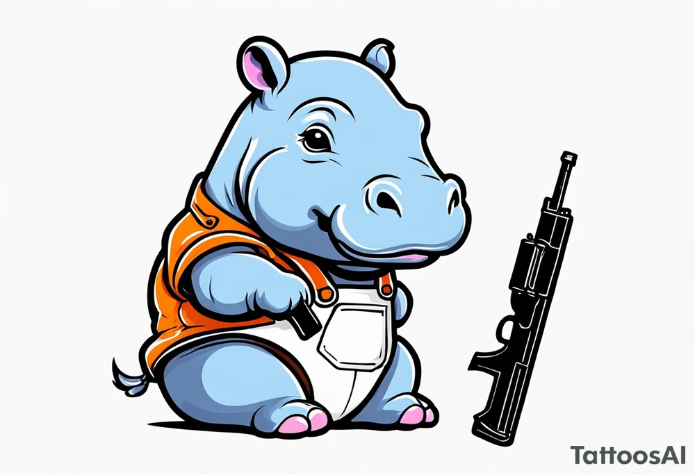 Baby hippo wearing overalls and holding a pistol tattoo idea