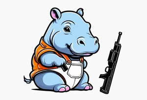 Baby hippo wearing overalls and holding a pistol tattoo idea