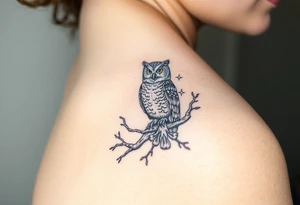 wise owl perched on ancient oak branch under starlit sky tattoo idea
