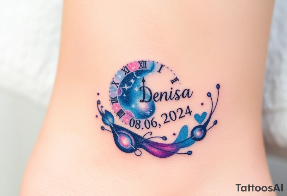 A clock made from swirling galaxies with name "Denisa" and date "08. 06. 2024", symbolizing a love that was destined in the stars, in deep blues, purples, and silver tattoo idea