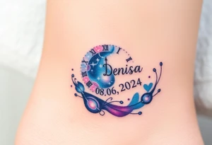 A clock made from swirling galaxies with name "Denisa" and date "08. 06. 2024", symbolizing a love that was destined in the stars, in deep blues, purples, and silver tattoo idea