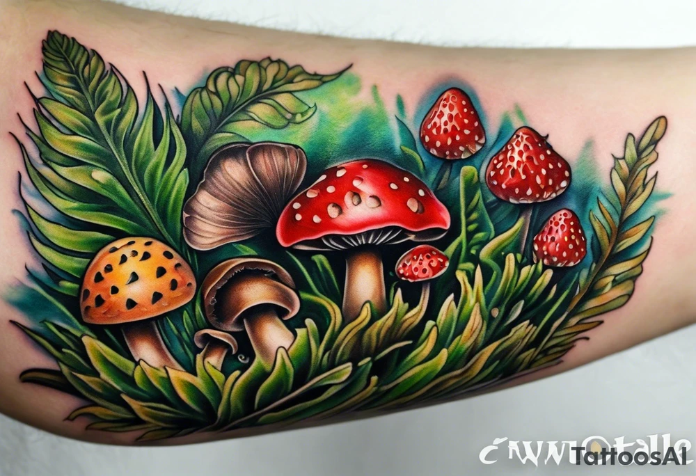 forest floor inspired realistic tattoo, which includes grass, curly ferns and dead leaves as the bulk of the tattoo. details to include: three very tiny strawberries, a tiny bumblebee flying nearby, three small brown mushrooms tattoo idea