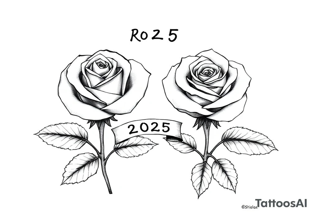 two beautiful rose buds, with leaves and stems, representing two people in love. Include a small banner with "2025" on it.  The word "Rose" written in Kanji above the drawing. tattoo idea