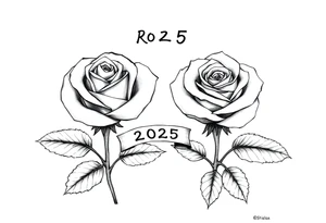 two beautiful rose buds, with leaves and stems, representing two people in love. Include a small banner with "2025" on it.  The word "Rose" written in Kanji above the drawing. tattoo idea