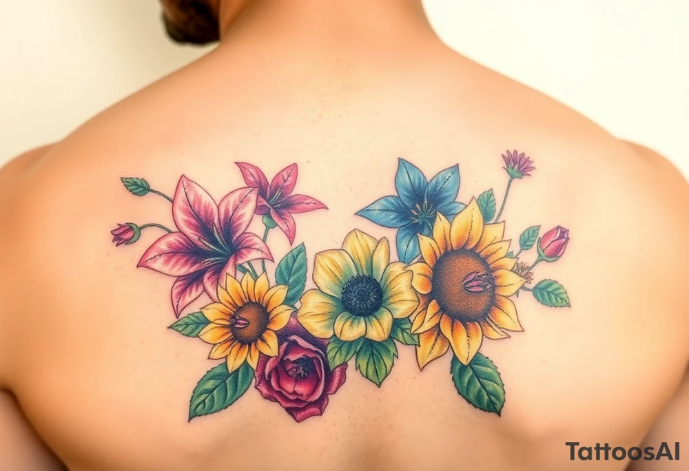 Vintage star gazer lillies wild roses and sunflowers tattoo idea