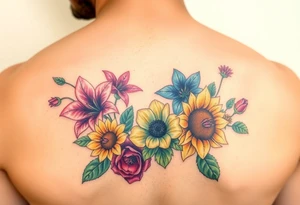Vintage star gazer lillies wild roses and sunflowers tattoo idea