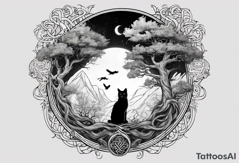 world tree with a cat and a raven and knotwork upper arm tattoo tattoo idea