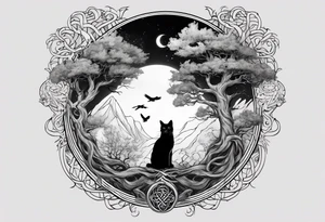 world tree with a cat and a raven and knotwork upper arm tattoo tattoo idea