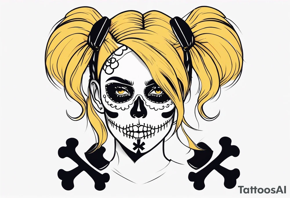 feminine skull  with hair in two blonde pigtails and crossbones underneath tattoo idea