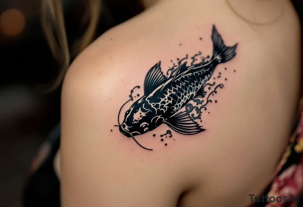 Black Koi in Stormy Water – A dark, shadowy koi with subtle silver highlights, battling rough waves, signifying overcoming adversity. tattoo idea