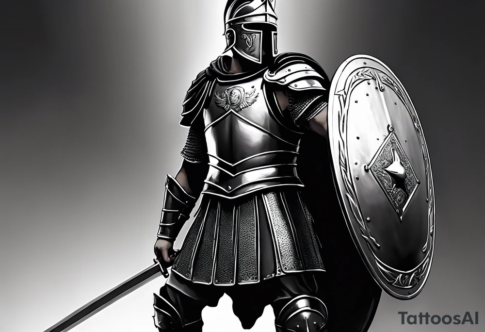high quality black and white illustration, full body image, a strong tall roman centurion, wearing armour, wearing a belt, wearing a metal breastplate, holding a large shield, wearing a helmet, holding a sword. Flaming arrows are being fired at the centurion, he is blocking the arrows with his shield tattoo idea
