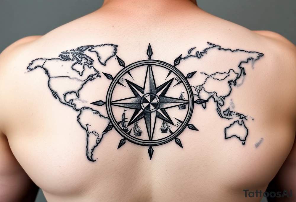 antique compass rose overlaid on weathered world map with sailing ships tattoo idea