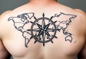antique compass rose overlaid on weathered world map with sailing ships tattoo idea