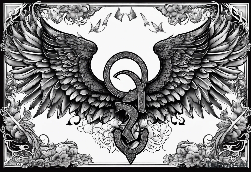 the number 13 with one angel wing and one demon wing, with the karma symbol tattoo idea