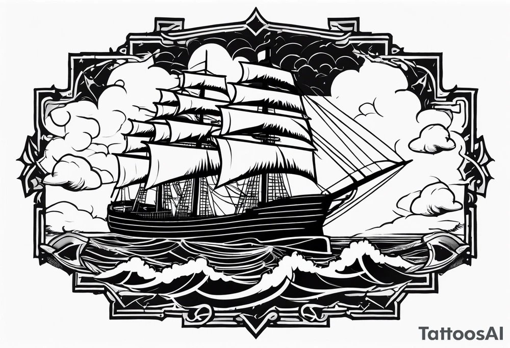 storm clouds with lightning surrounding a ship tattoo idea