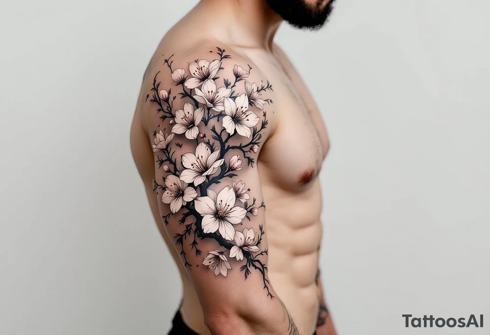 delicate cherry blossoms swirling in spring breeze with petals tattoo idea