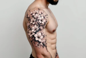 delicate cherry blossoms swirling in spring breeze with petals tattoo idea