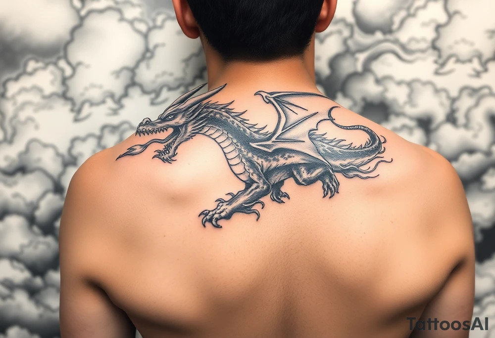 fierce dragon breathing iridescent fire against stormy skies tattoo idea